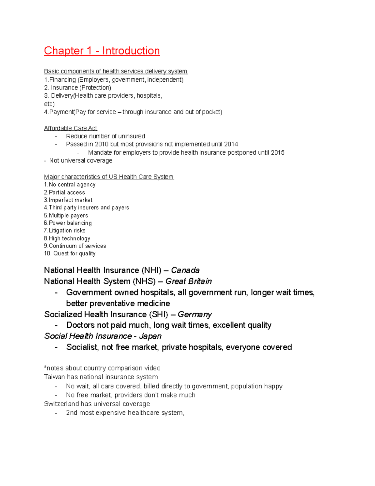 Healthcare Systems Test 1 Study Guide: Key Concepts & Comparisons - Studocu