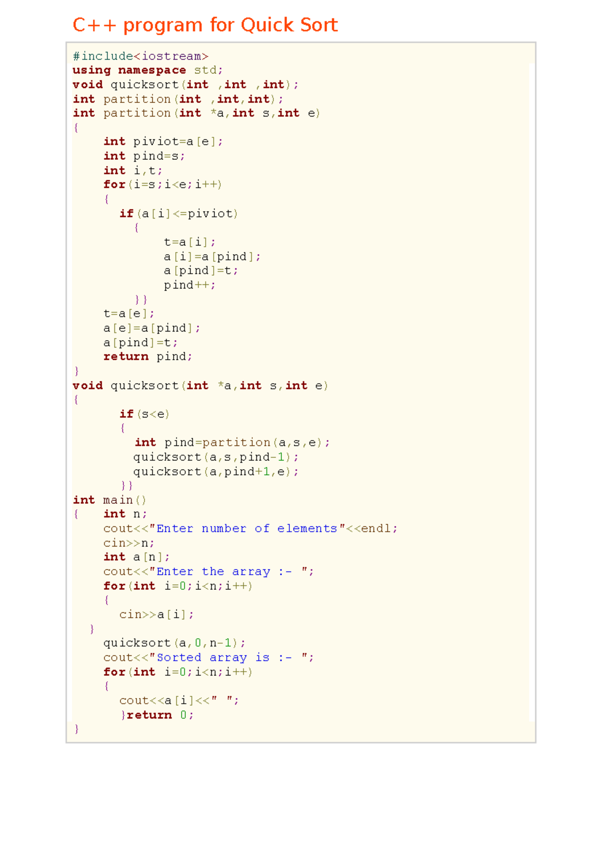 C++ with data structure MCA LAb - C++ program for Quick Sort #include ...