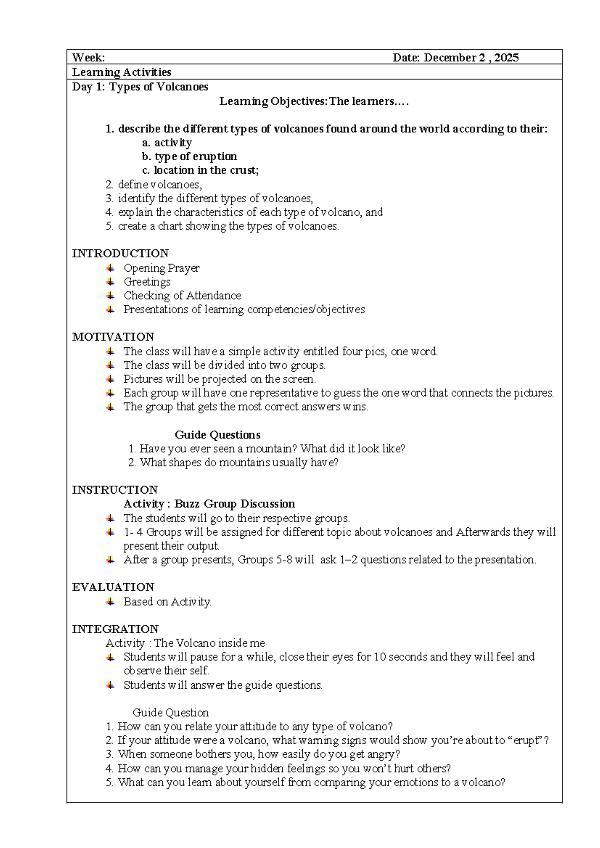 Grade 8 Lesson Plan: Types of Volcanoes Activities and Objectives - Studocu