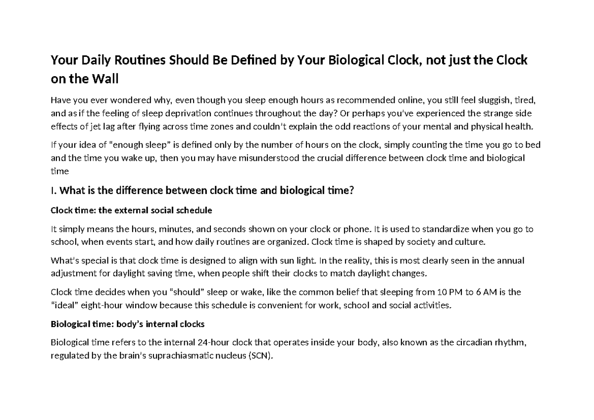 Understanding Your Biological Clock: Daily Routines & Sleep - Studocu