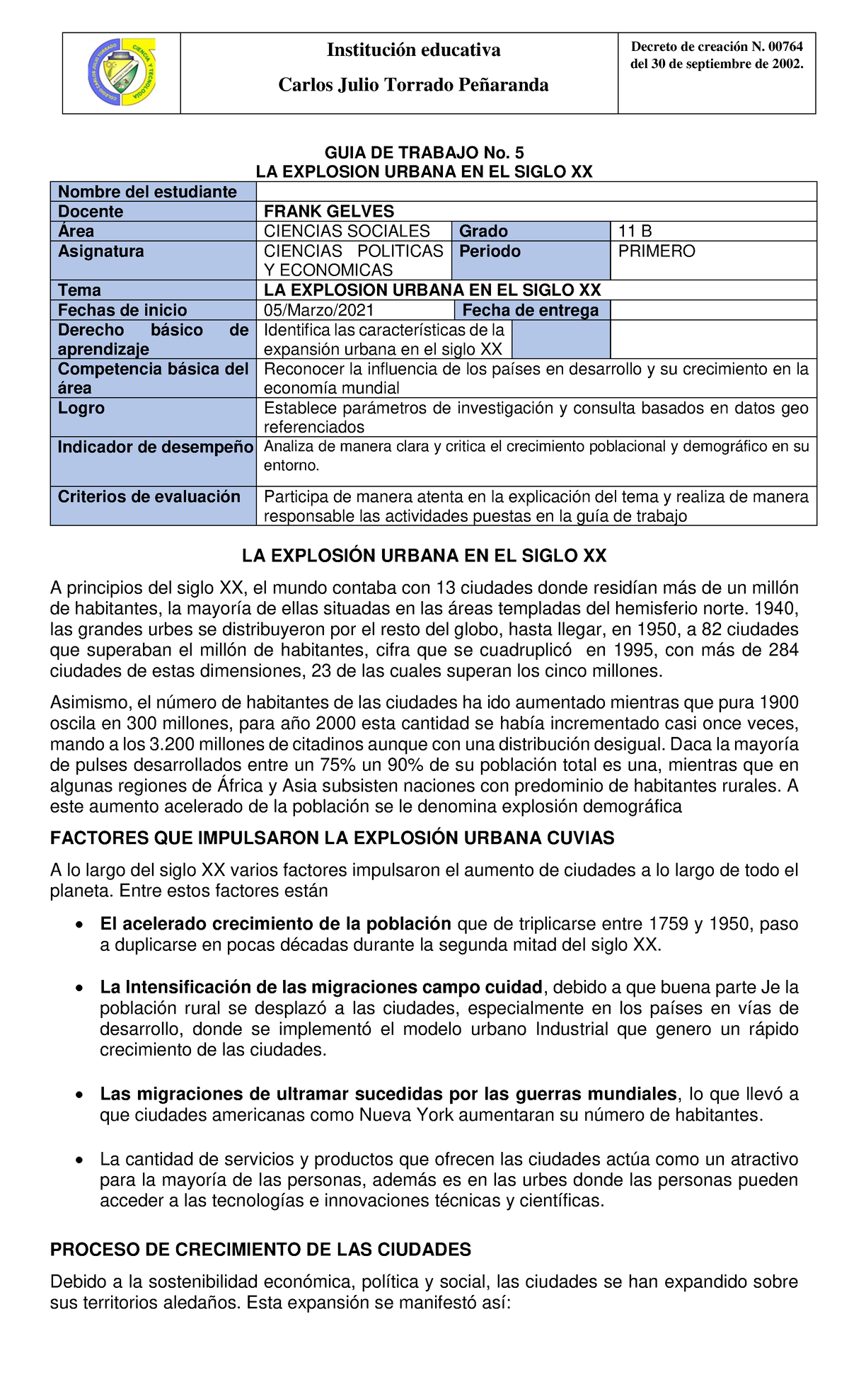 GUÍA No. 5 - Grado 11B: La Explosión Urbana en el Siglo XX y XXI - Document Preview