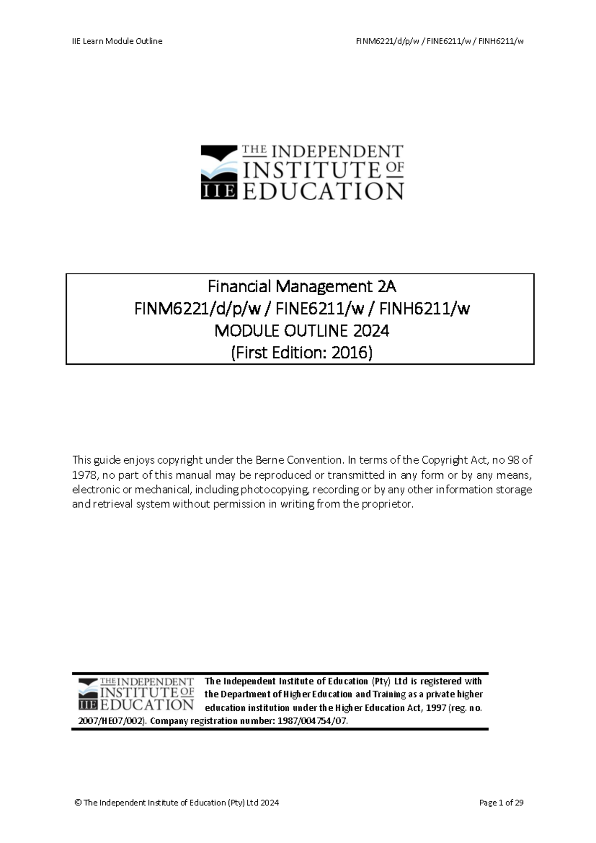 IIE Learn Module Outline: Financial Management 2A (2024 Edition) - Studocu