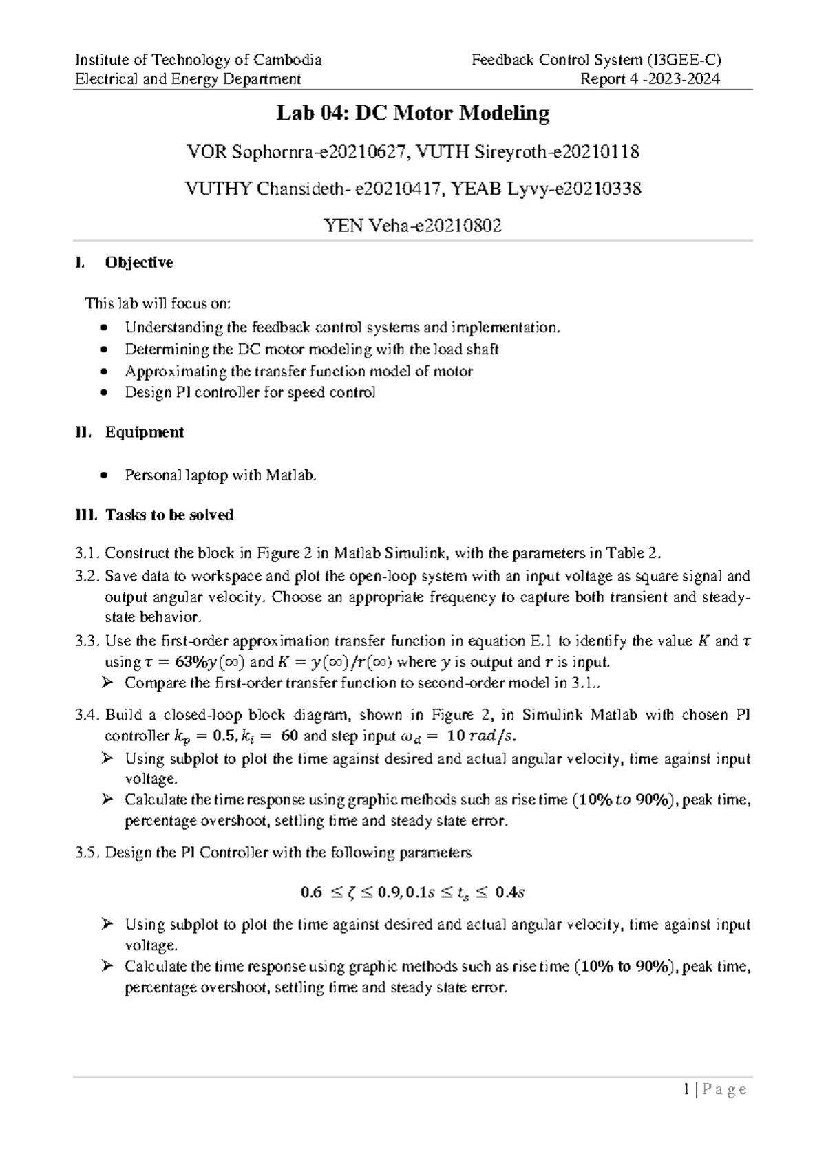 Modeling and Simulation Report 4: DC Motor Control (EED 20210417) - Studocu