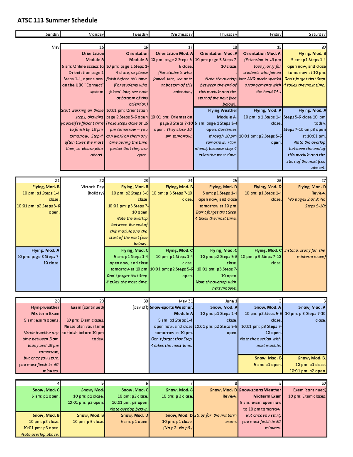 ATSC Schedule - notes - ATSC 113 Summer Schedule Sunday Monday Tuesday ...