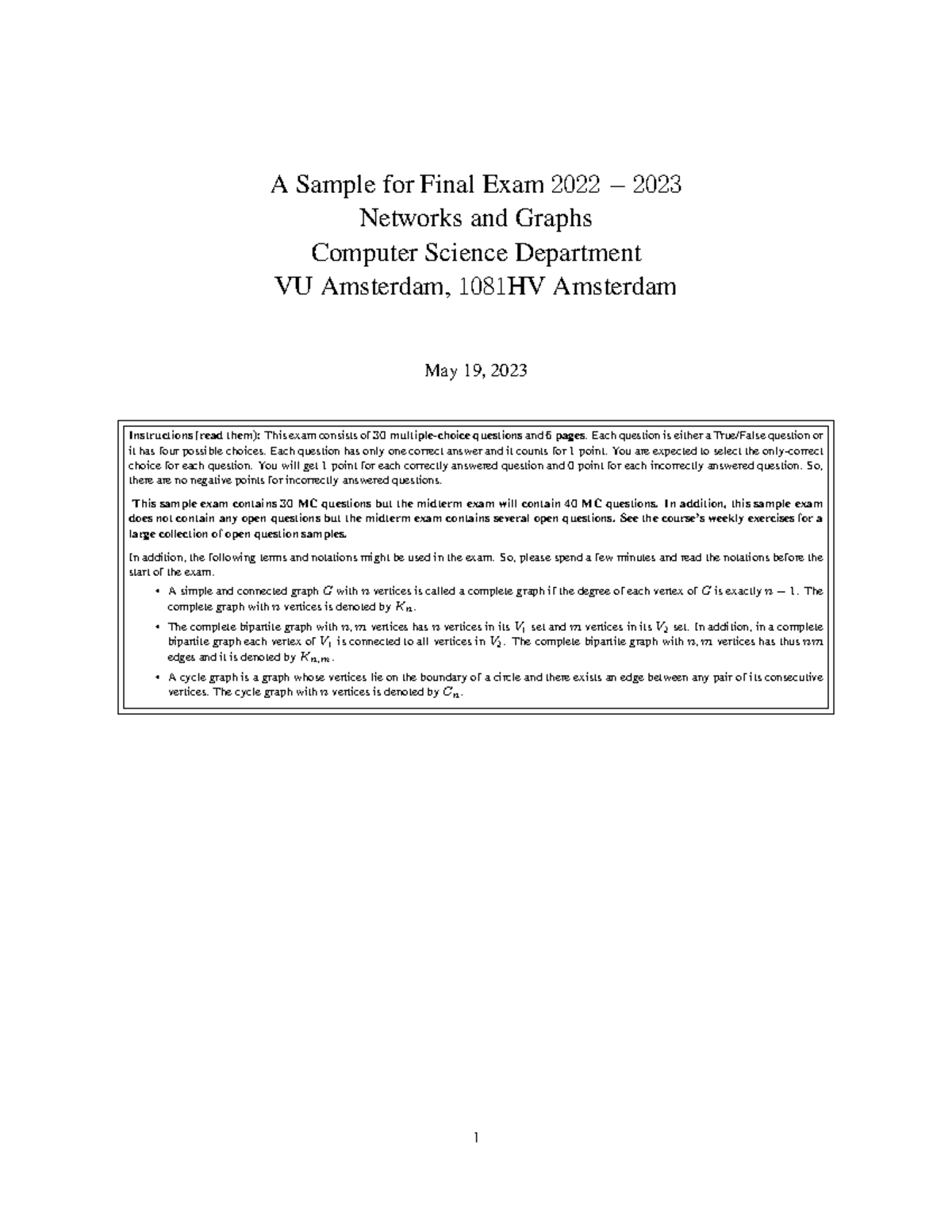 Final Exam Sample: Computer Science Networks & Graphs (CS101) - Studeersnel
