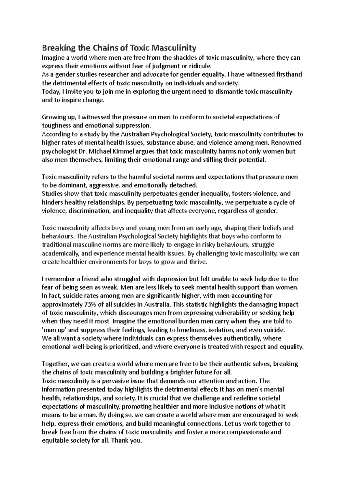 English oral - Breaking the Chains of Toxic Masculinity Imagine a world ...
