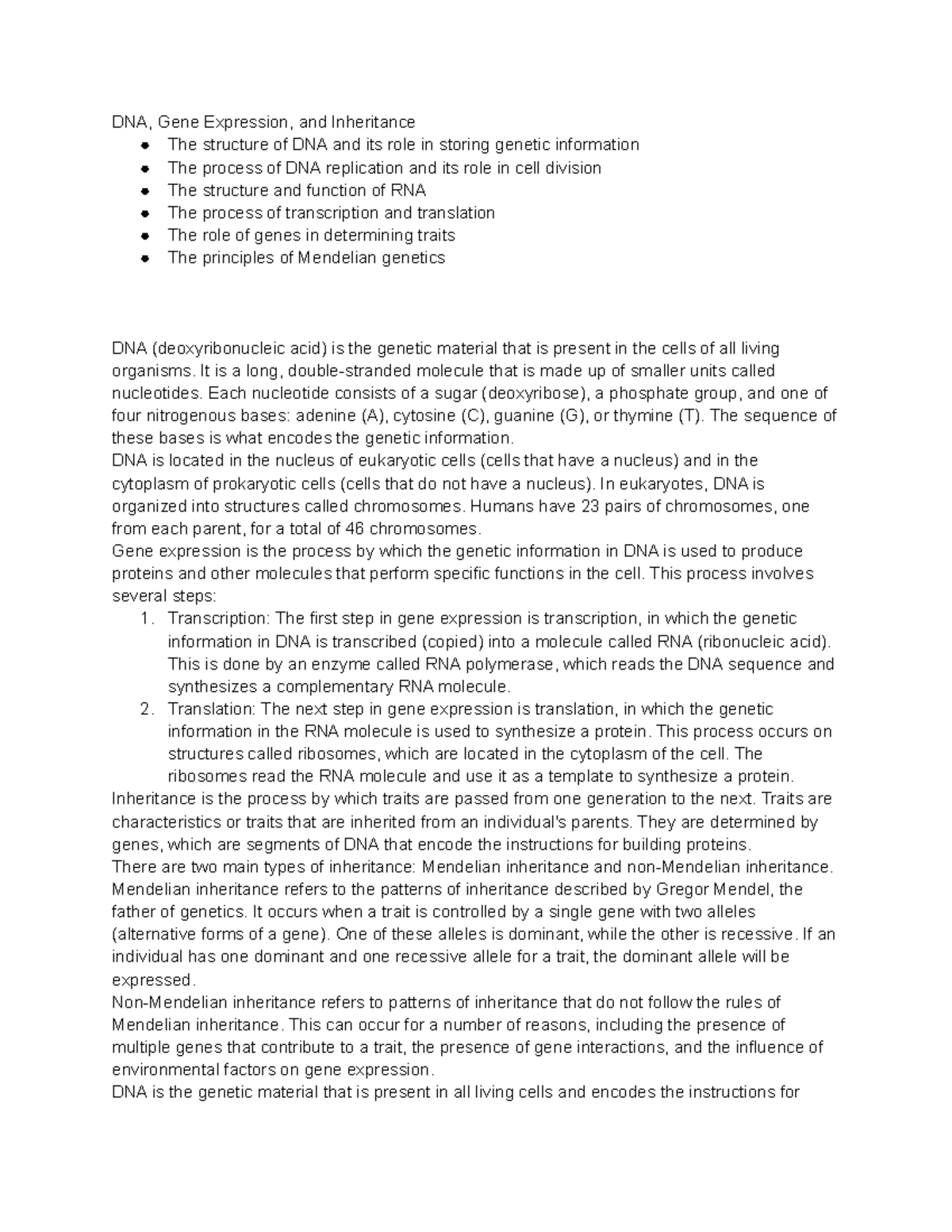 Biology 1 - DNA, Gene Expression, and Inheritance - DNA, Gene ...
