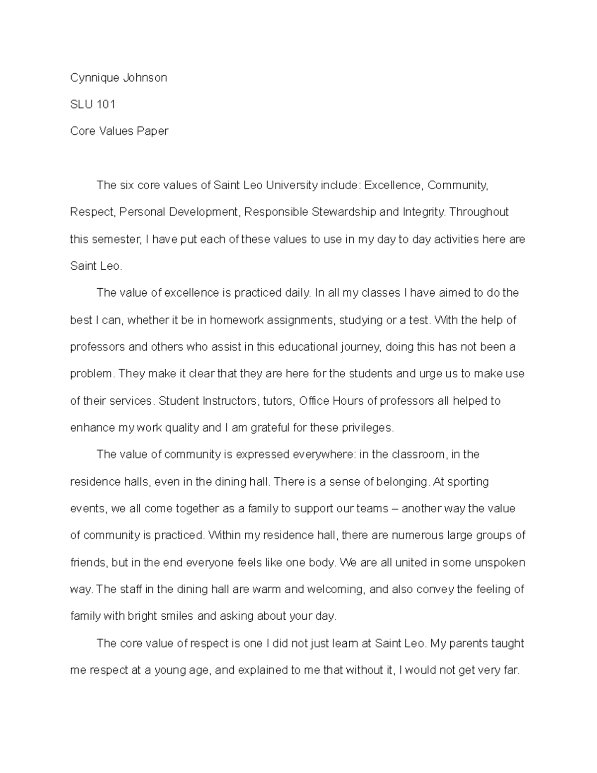 SLU 101: Reflection on Core Values at Saint Leo University - Studocu