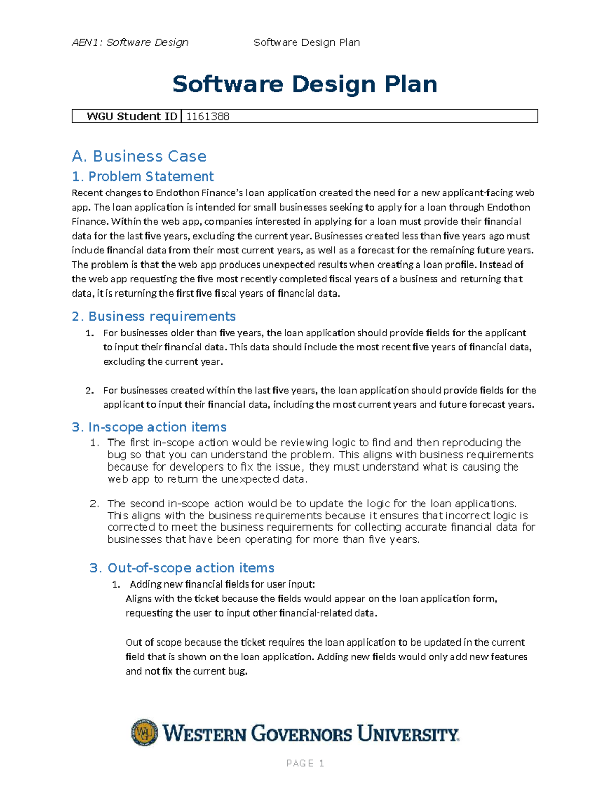 Software Design Plan - WGU - Software Design Plan WGU Student ID ...