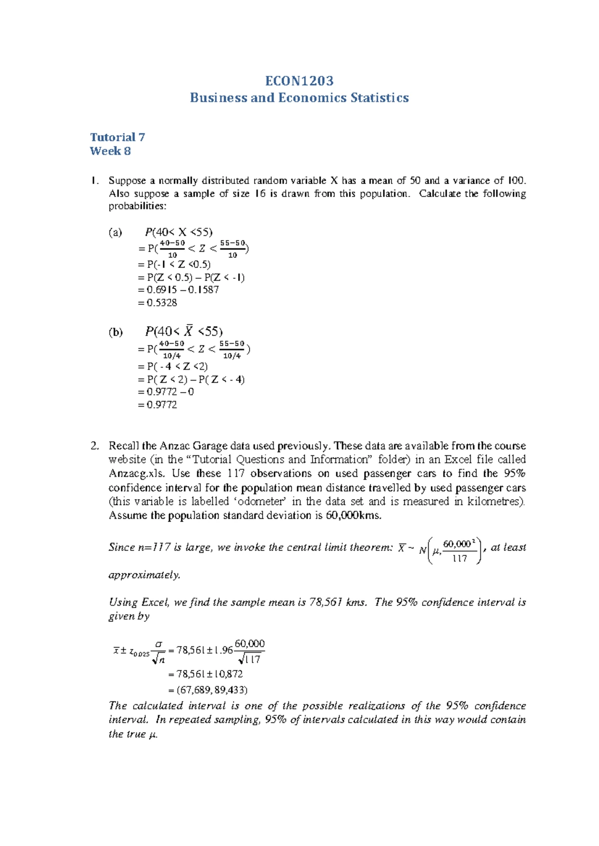 Hypothesis Testing II: Week 8 Tutorial Answers (With Working Out) - Studocu