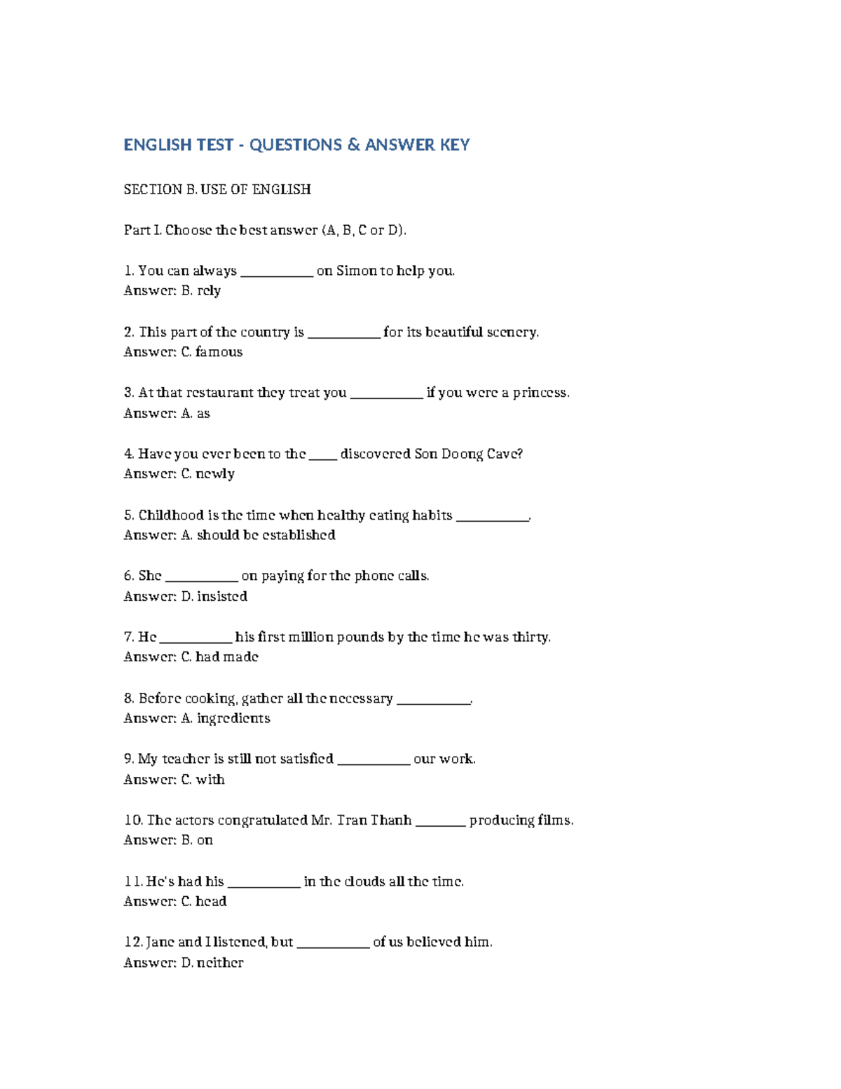 ENGLISH TEST QUESTIONS ANSWER KEY - SECTION B &amp; C - Studocu