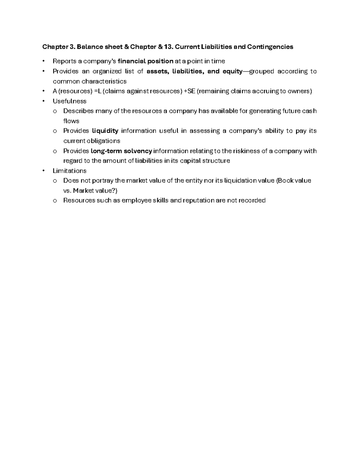 Chapter 3 & 13: Balance Sheet and Current Liabilities Overview - Studocu