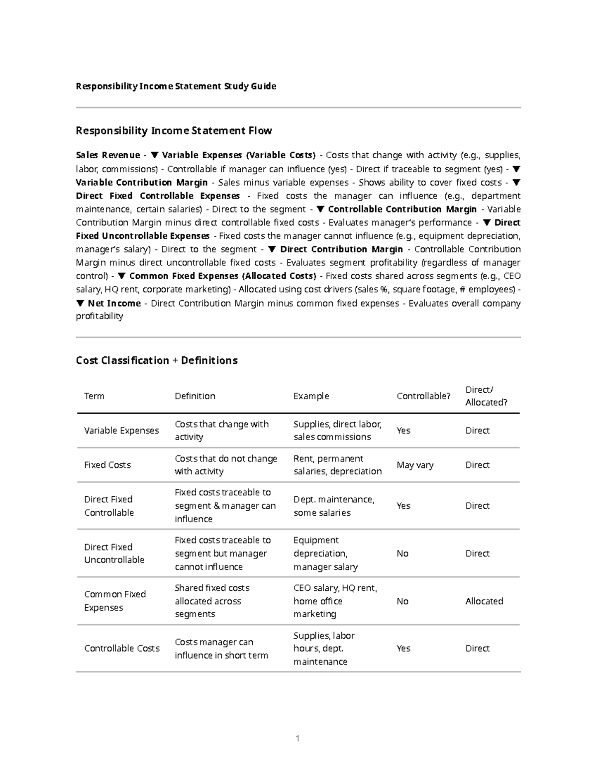 Responsibility Income Statement Study Guide & Cost Analysis Notes - Studocu
