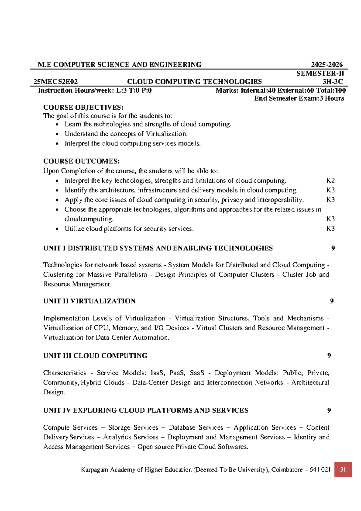 M.E. CSE 25MECS2E02 Cloud Computing Technologies Course Overview - Studocu