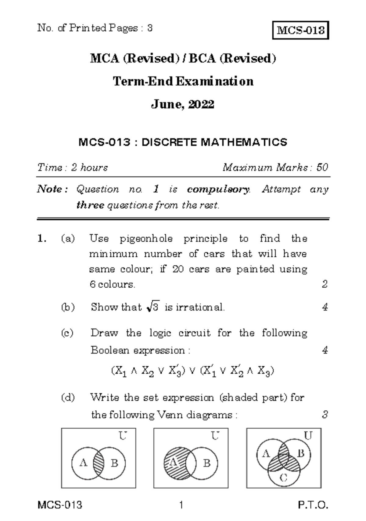 MCA MCS-013 Discrete Mathematics Term-End Exam June 2022 Guide - Studocu