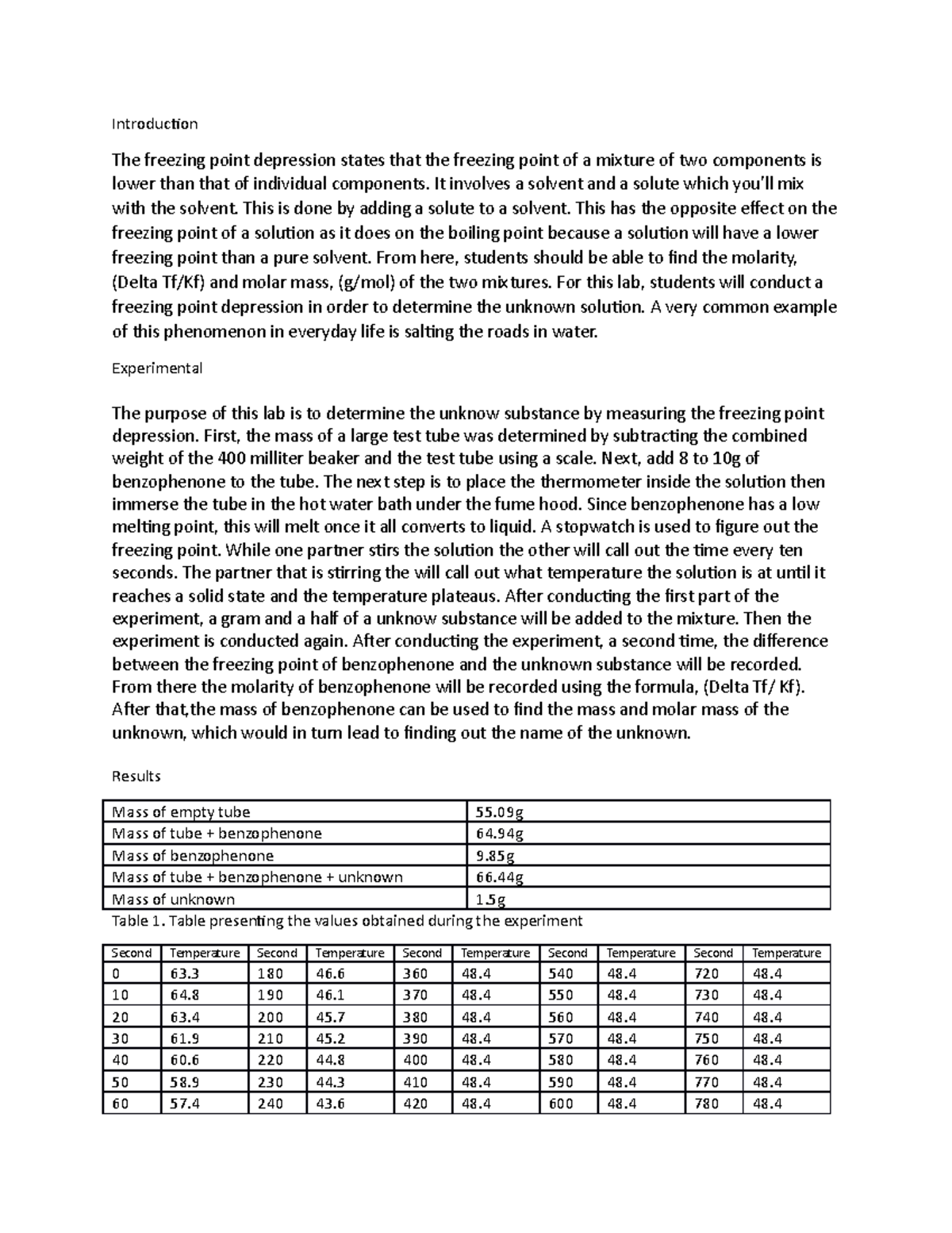 Lab Report 5: Investigating Freezing Point Depression of Mixtures - Studocu