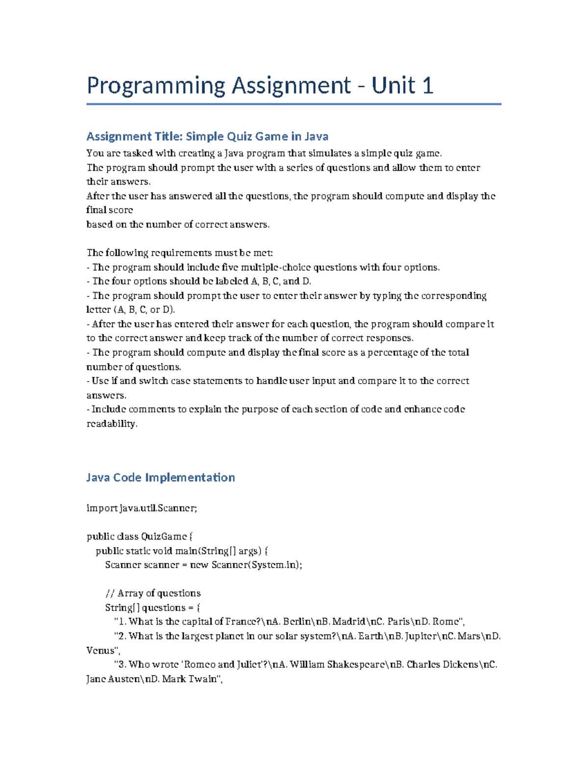 Java programming assignment: Simple quiz game implementation - Studocu