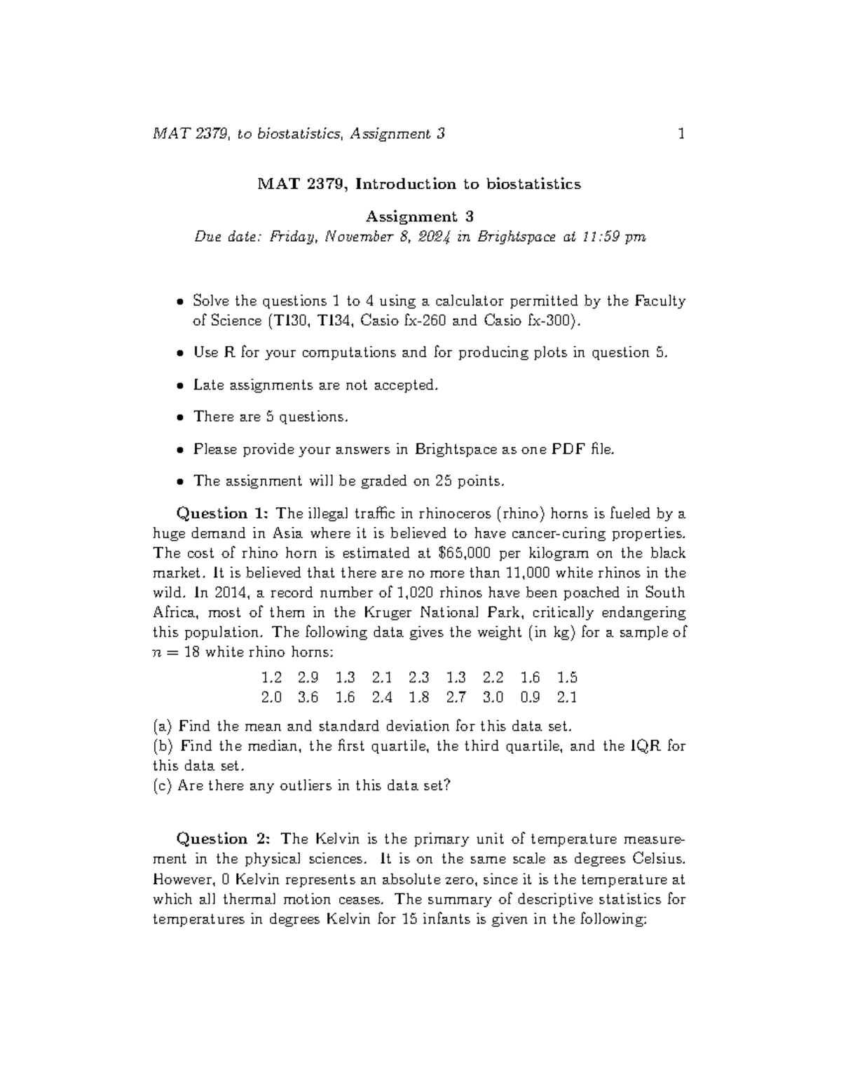 MAT 2379 Assignment 3: Biostatistics Practice Problems and Solutions ...