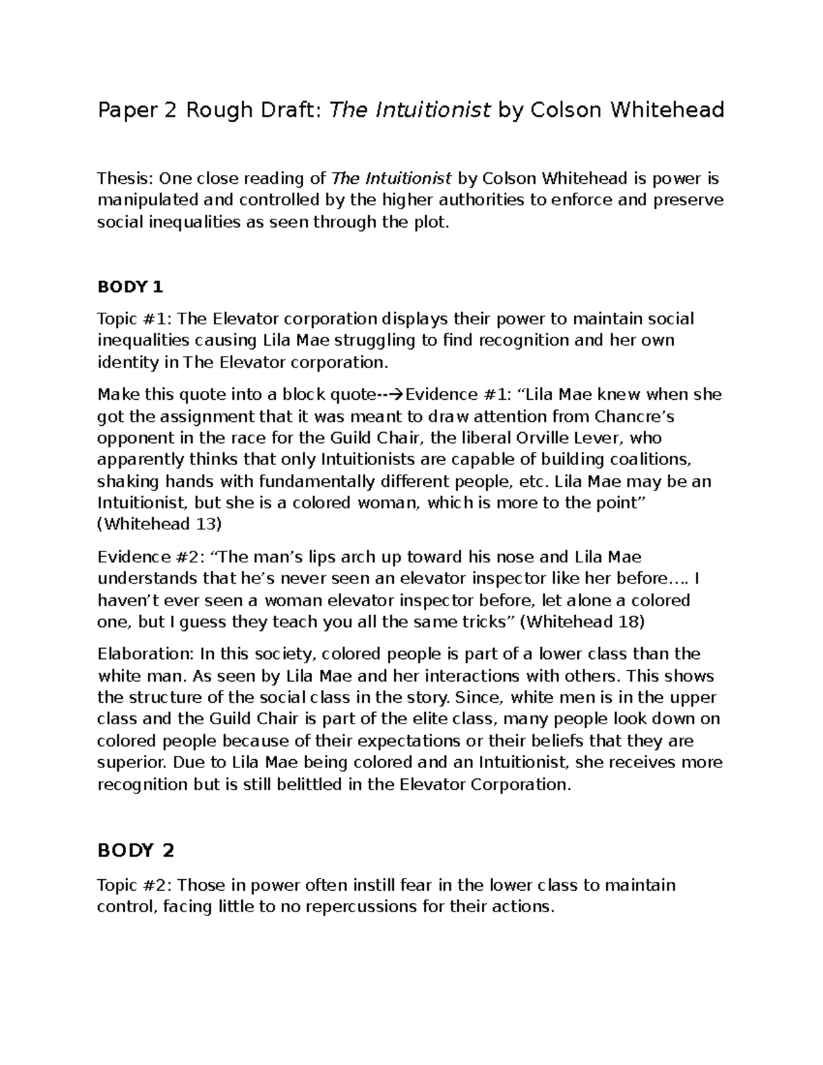 Rough draft paper 2 copy - Paper 2 Rough Draft: The Intuitionist by ...