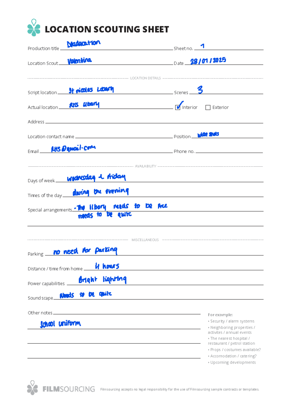 Location Scouting Template - Marketing digital - Oakley College - Studocu
