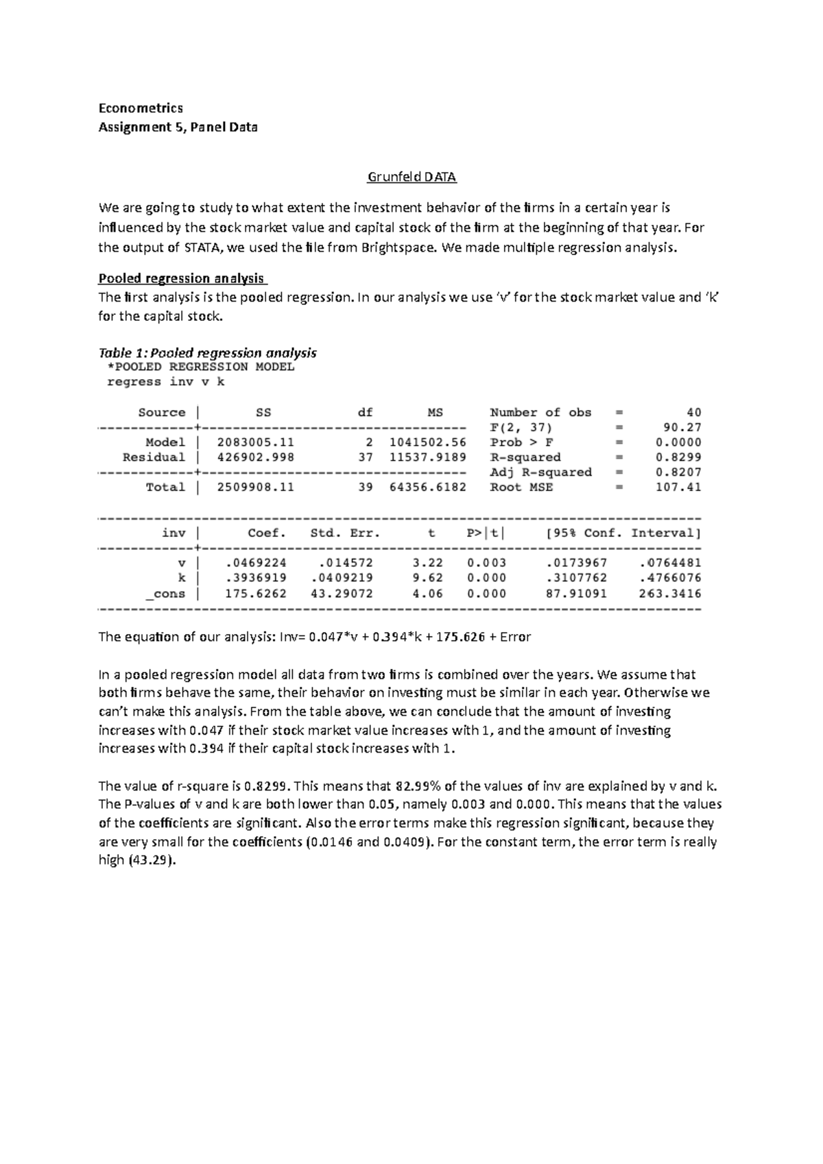 Econometrics Assignment 5: Analysis of Panel Data using STATA - Studeersnel