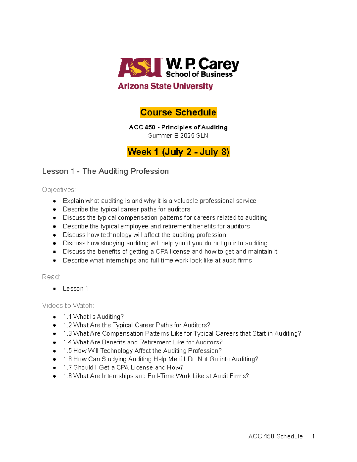 ACC 450 Online Course Schedule - Summer B 2025 (Weeks 1-6) - Studocu