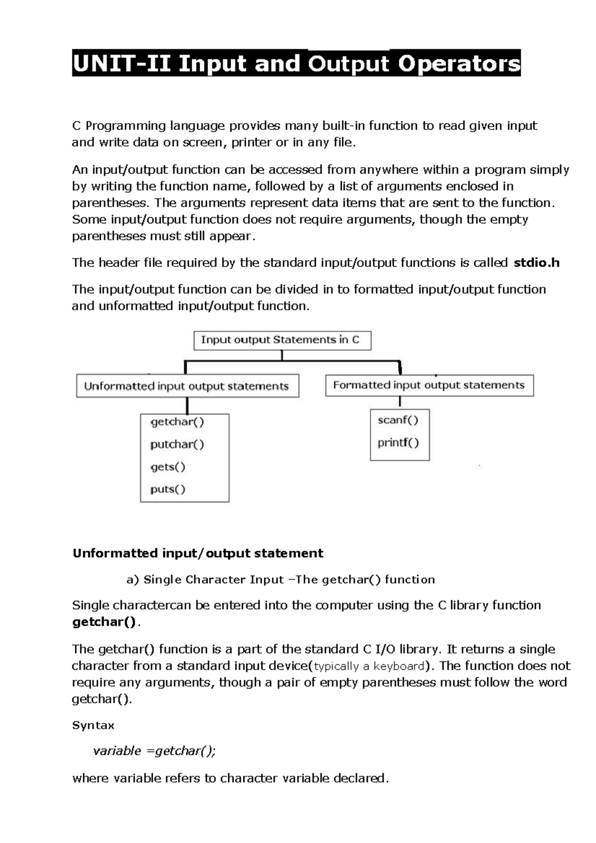 Unit-II - Lecture notes 8-15 - UNIT-II Input and Output Operators C ...