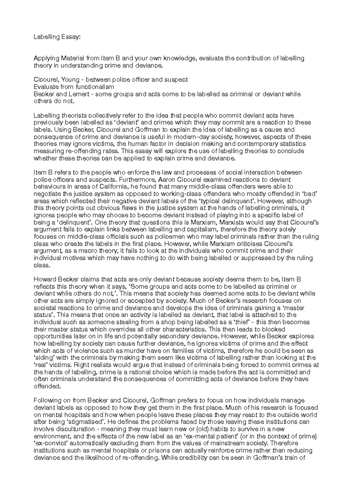 Labelling Theory in Crime and Deviance: An Essay Evaluation - Studocu