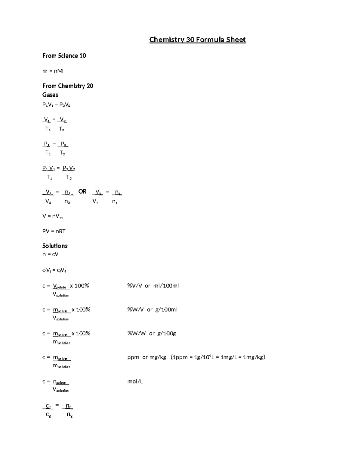 Chemistry 30 Formula Sheet: Key Concepts & Equations for Exams - Studocu
