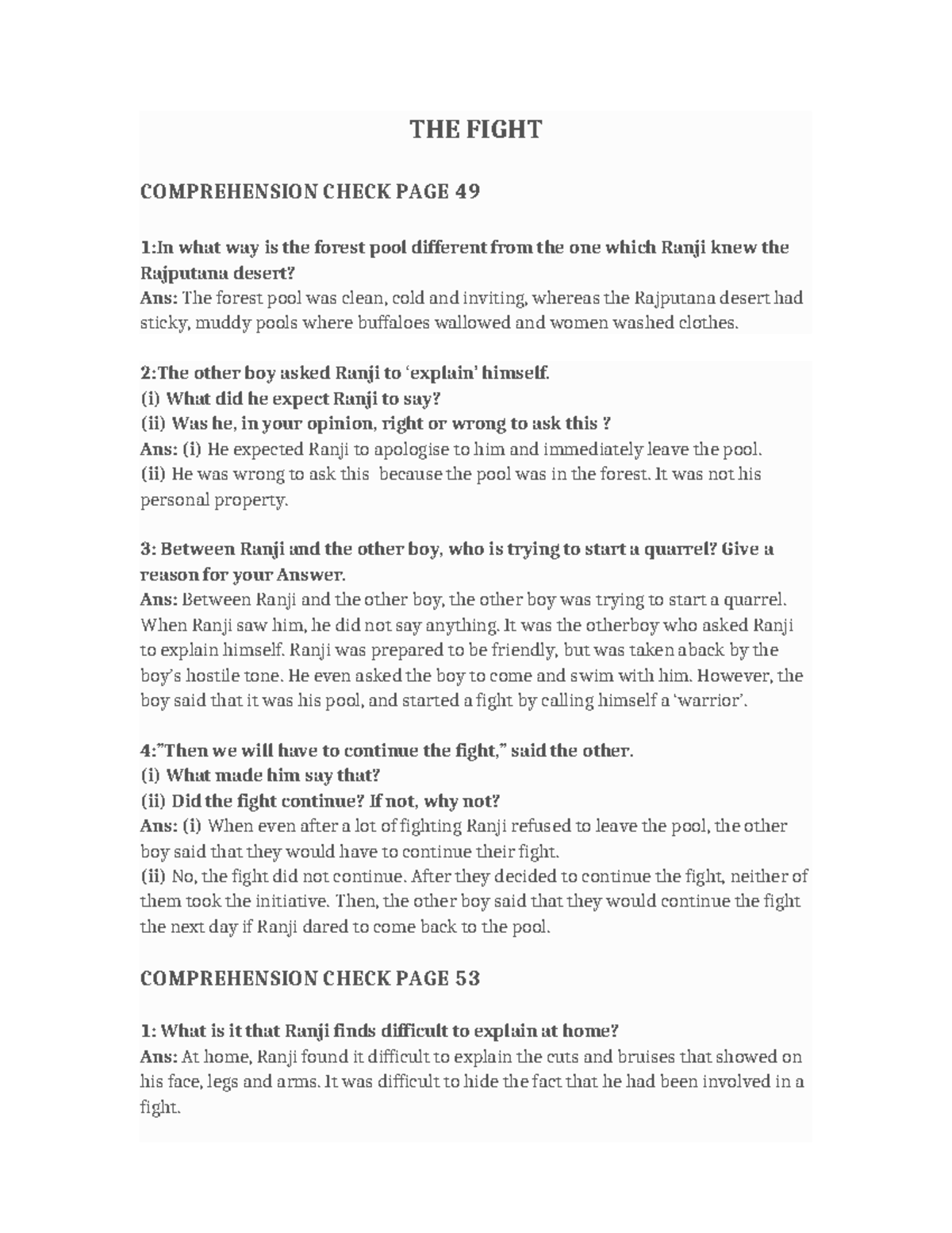 THE FIGHT - CLASS NOTES COMPREHENSION CHECK ANALYSIS - Studocu