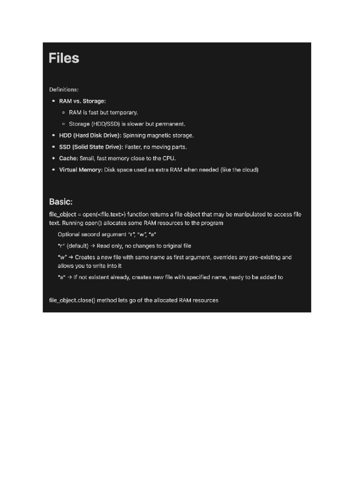 Files Definitions: RAM vs. Storage in Comp10001 Lecture Notes - Studocu