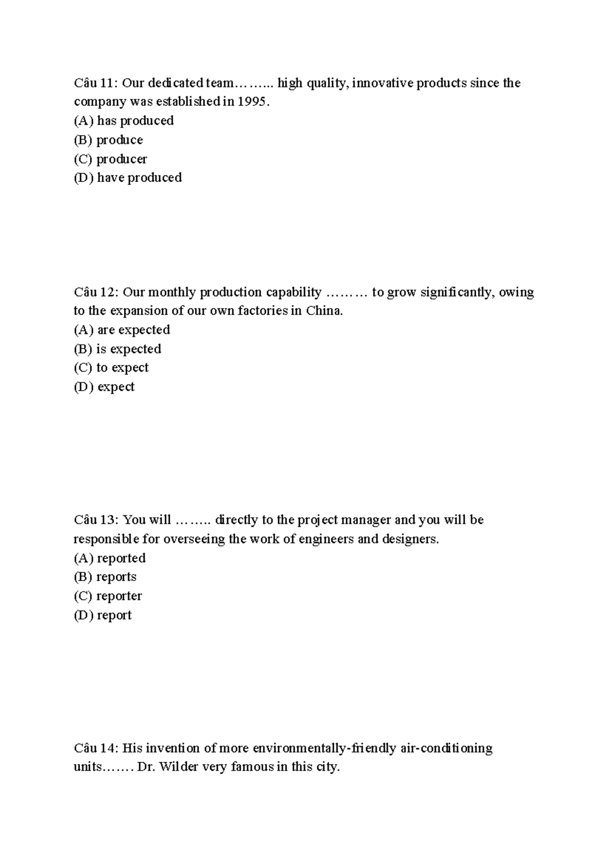 TOEIC Practice Questions and Answers: Câu 11-20 - Studocu