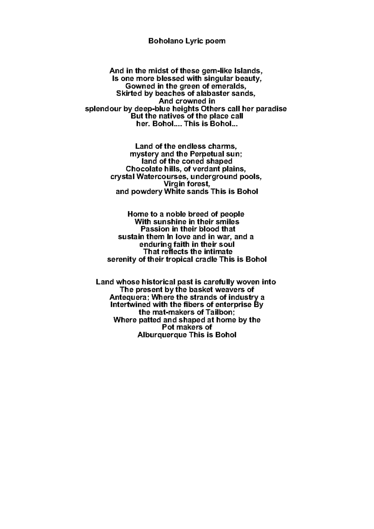 Boholano Lyric Poem: Celebrating Bohol's Beauty and Culture - Studocu