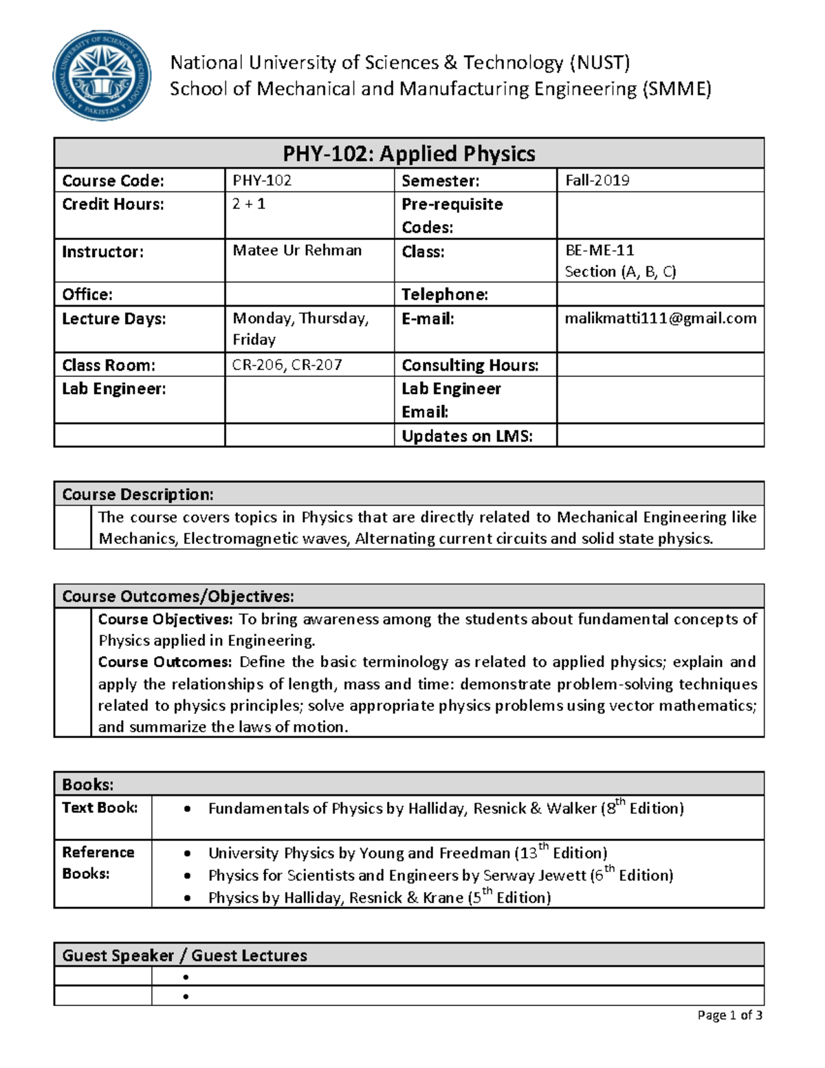 PHY-102 Applied Physics Fall 2019 Course Outline & Objectives - Studocu