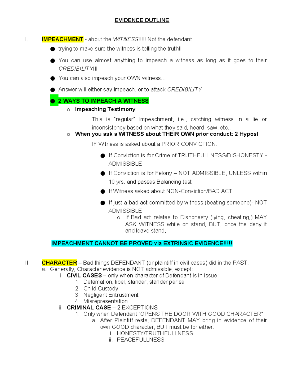 Evidence Outline: Impeachment and Character Evidence (LAW 101) - Studocu