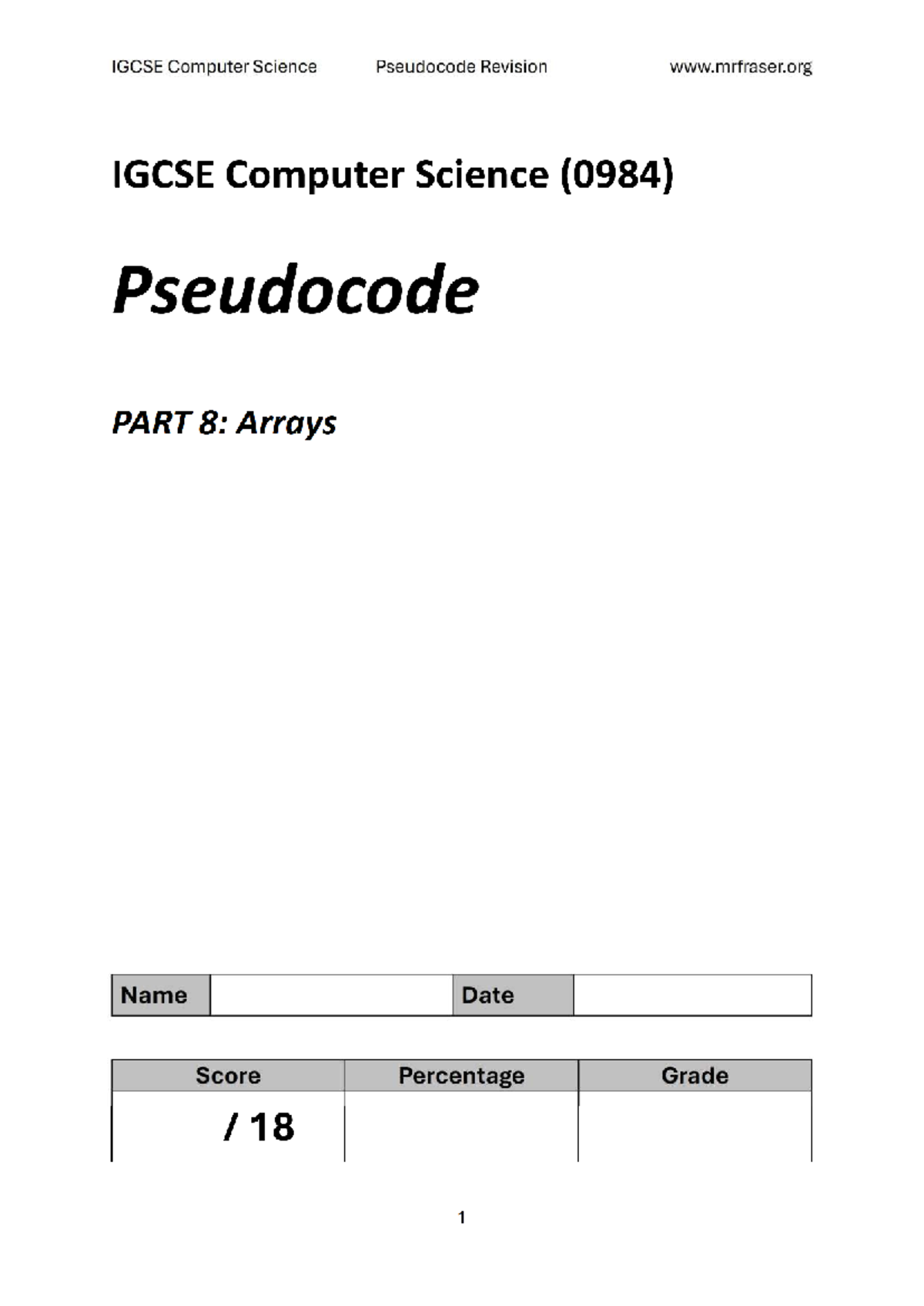 IGCSE Computer Science (0984) Pseudocode Revision: Arrays Guide - Studocu