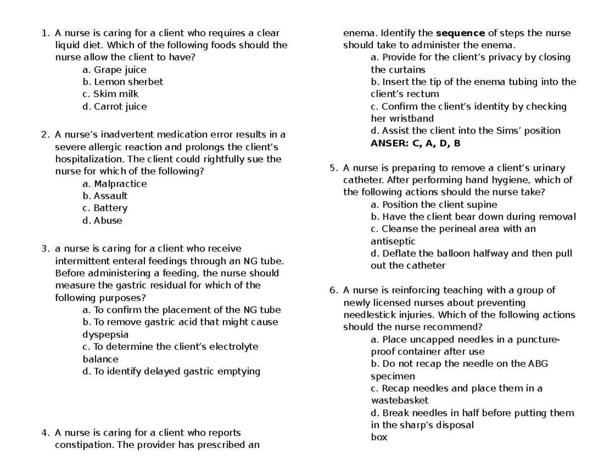 Finals Sample Test Study Guide for Nursing (NUR 101) - Studocu