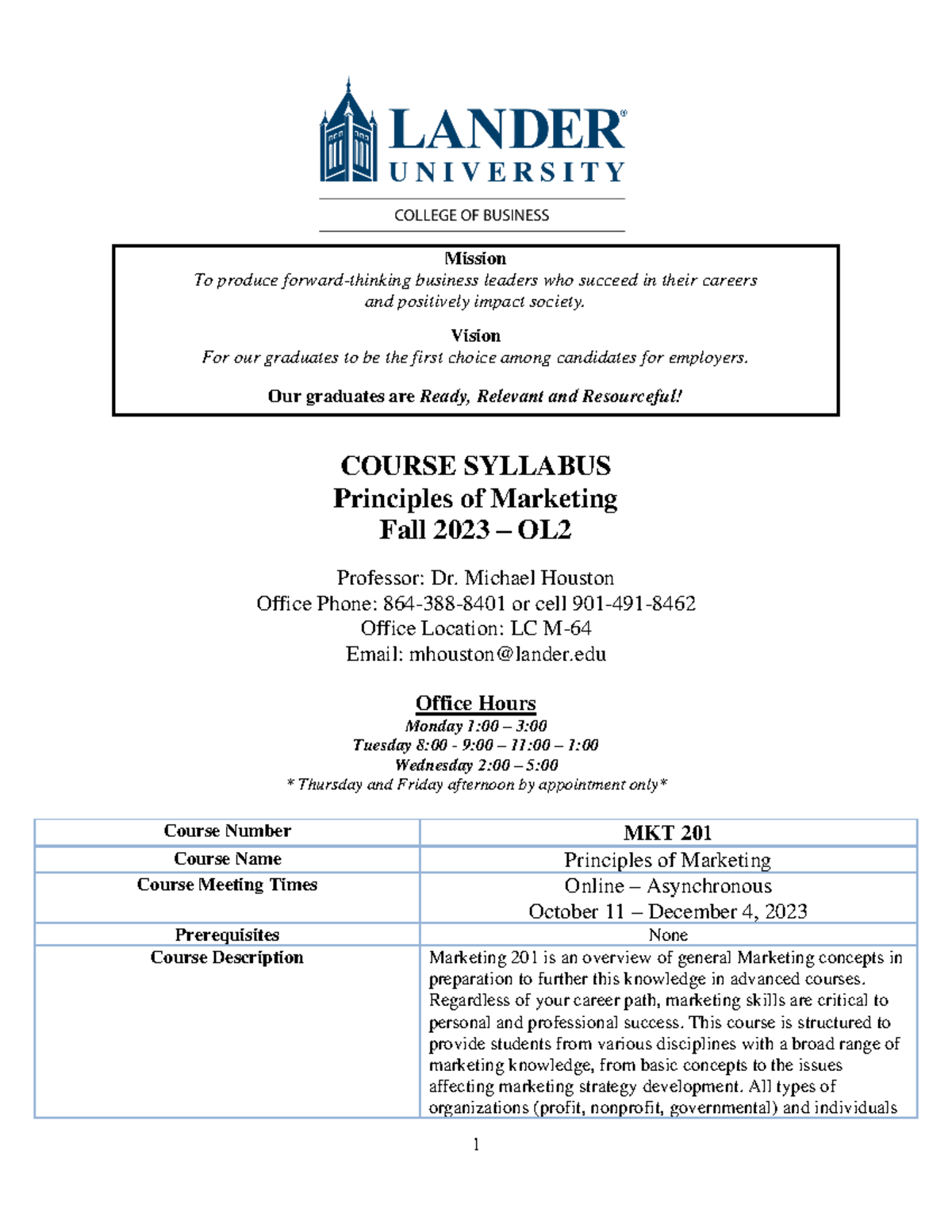 MKT 201-OL2 Fall 2023 Principles of Marketing Course Syllabus - Studocu