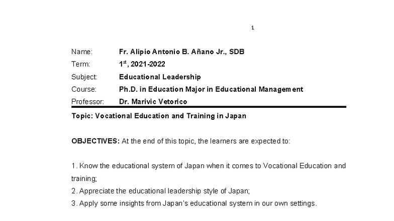 Module Vocational Education and Training in Japan - Name: Fr. Alipio ...