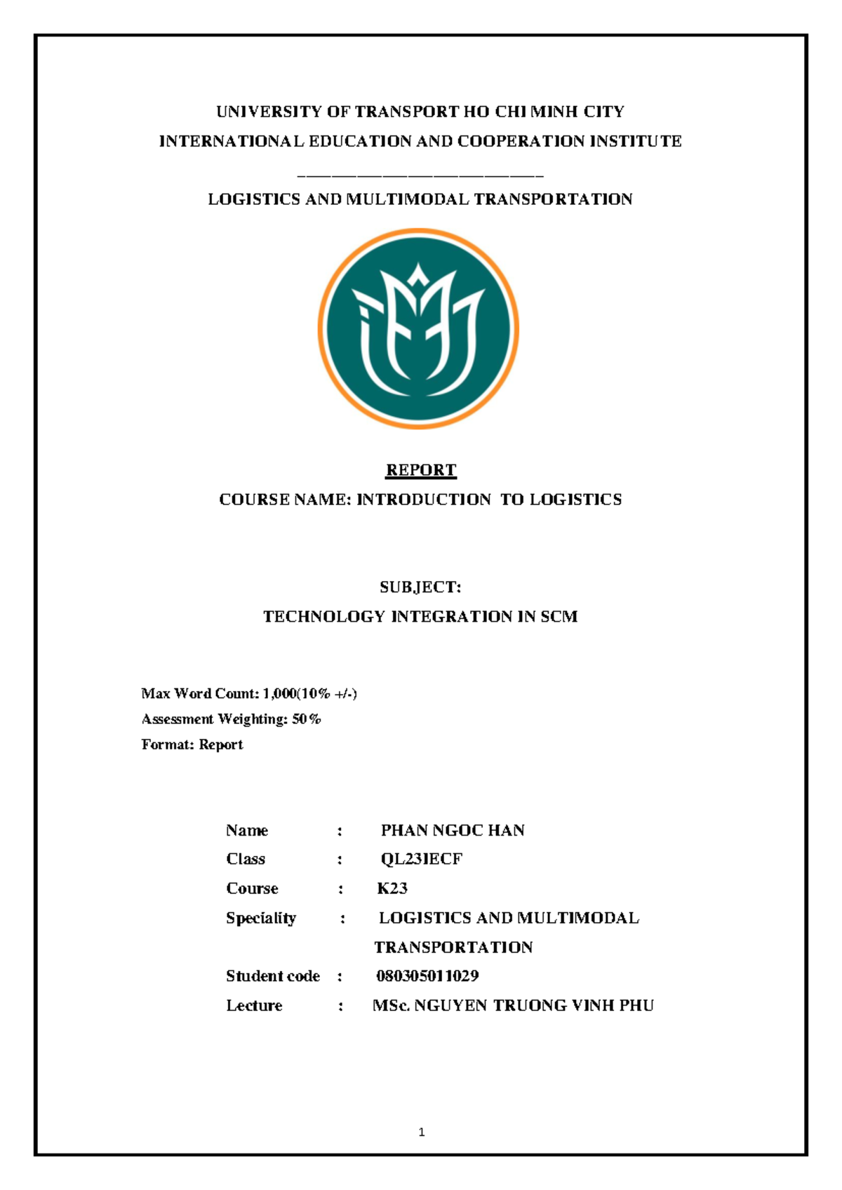 Final Report - UNIVERSITY OF TRANSPORT HO CHI MINH CITY INTERNATIONAL ...