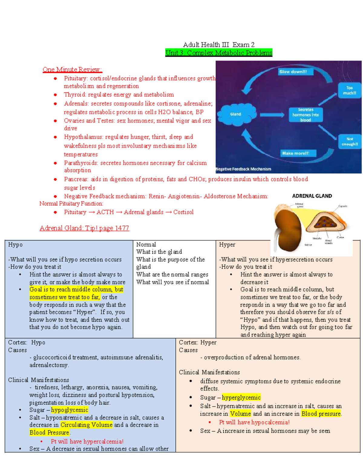 Exam 2 class notes - Adult Health III Exam 2 Unit 3: Complex Metabolic ...