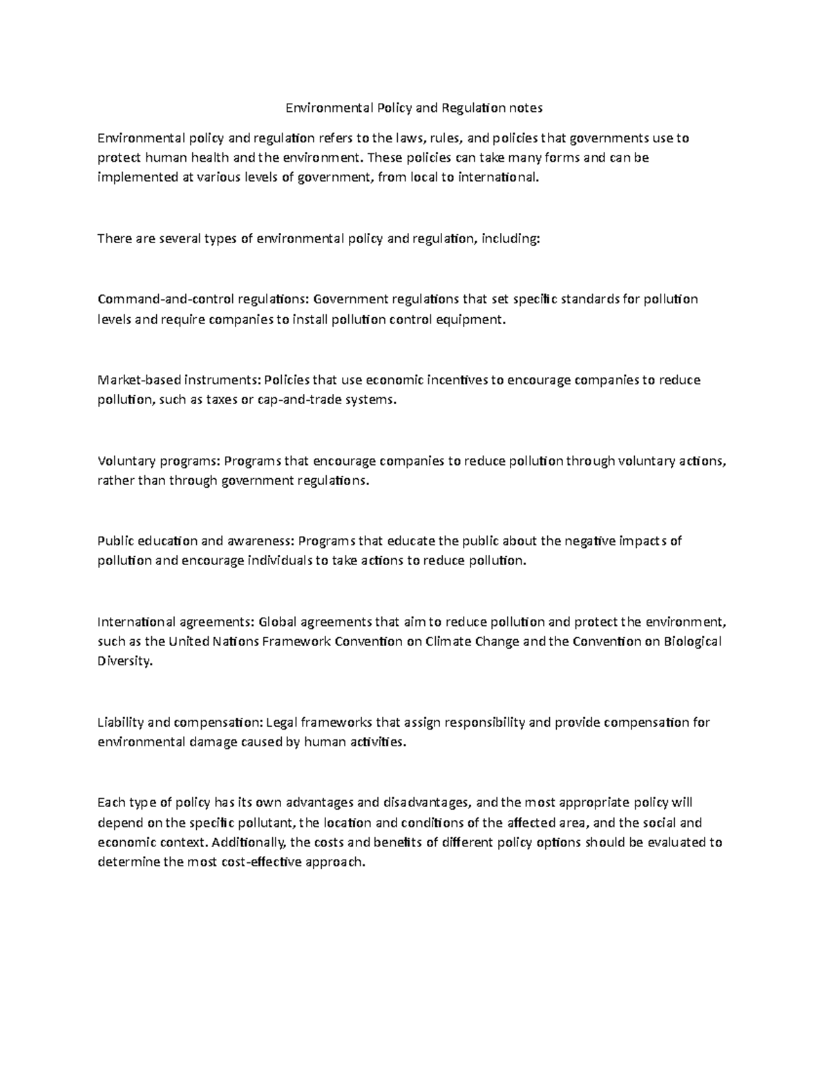 Environmental Policy and Regulation notes - Environmental policy and ...