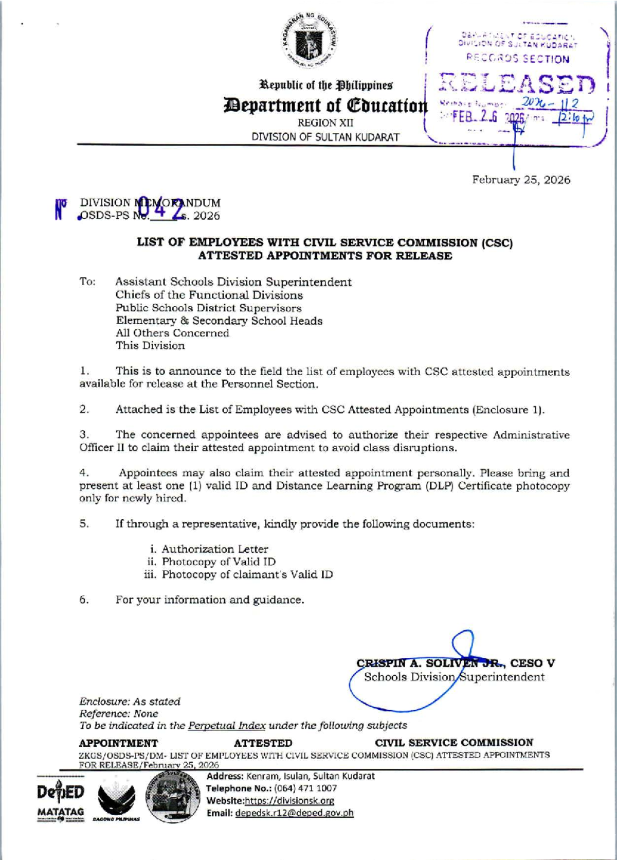 Division Memorandum OSDS-PS NO. 042, S. 2026: CSC Attested Appointments ...