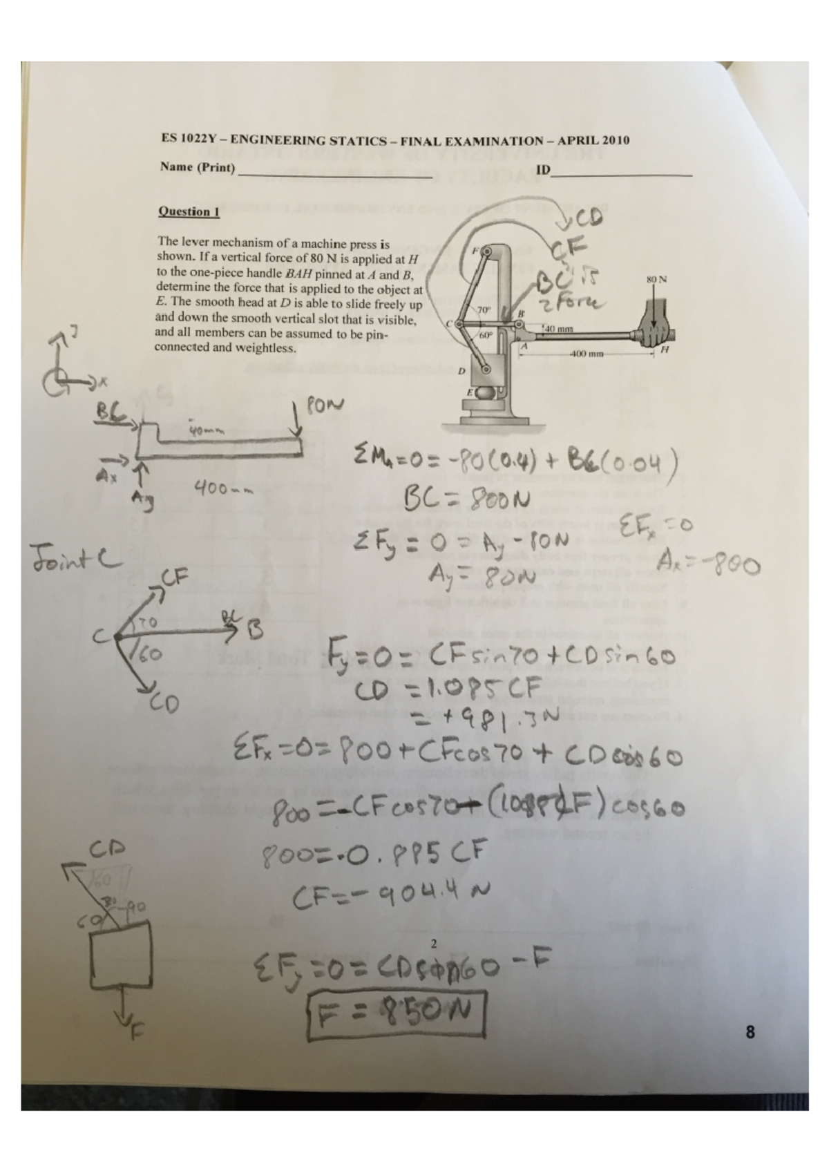 ES 1022Y ENGINEERING STATICS FINAL EXAM SOLUTIONS APRIL 2010 - Studocu