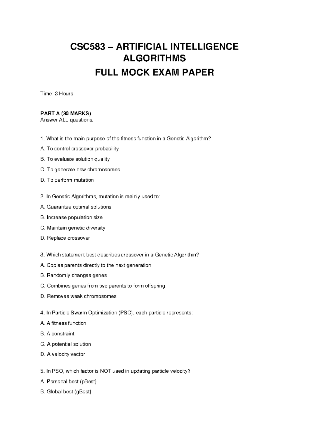 CSC583 Artificial Intelligence Algorithms Full Mock Exam Paper - Studocu