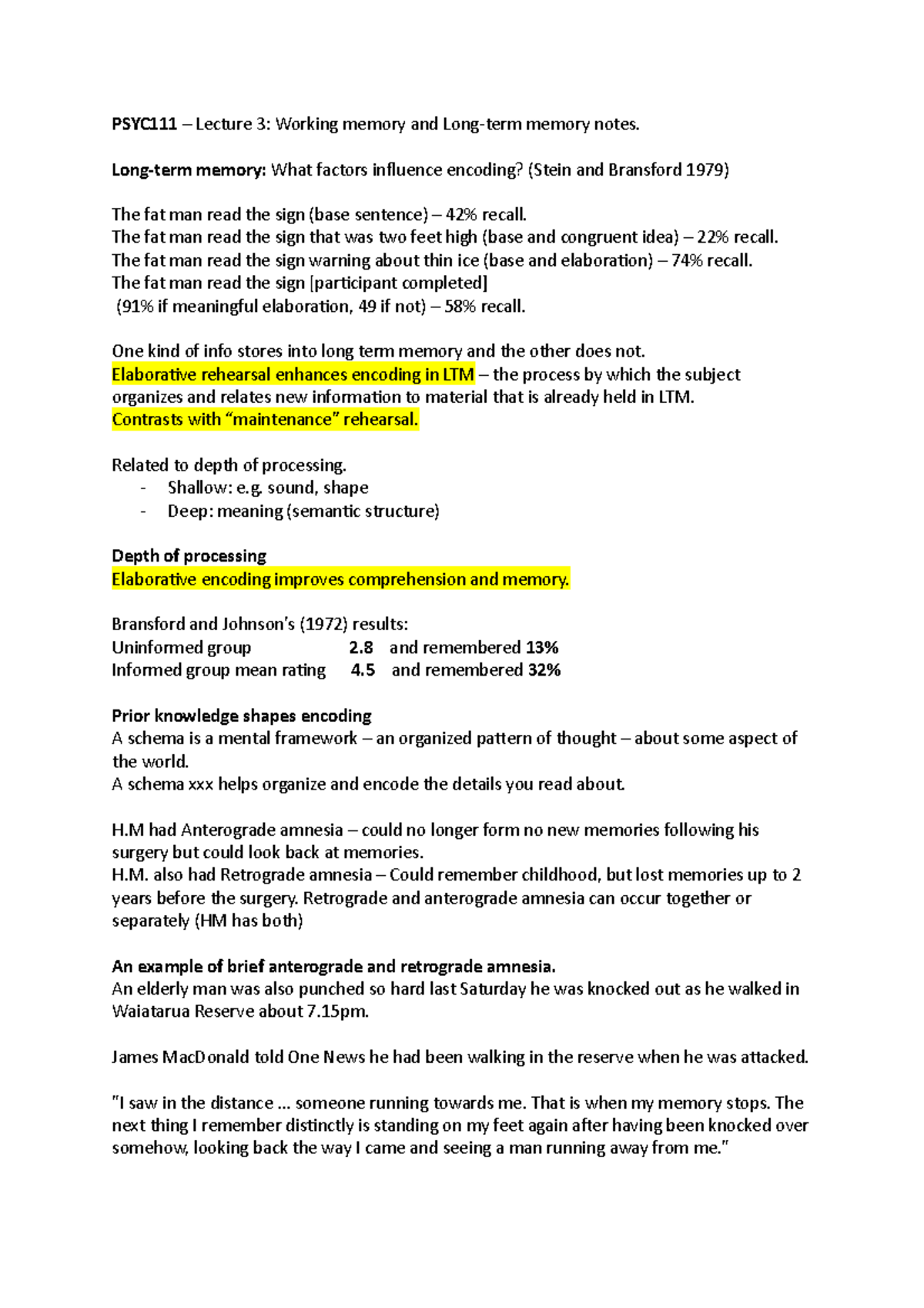 L3 Notes - PSYC111 – Lecture 3: Working memory and Long-term memory ...