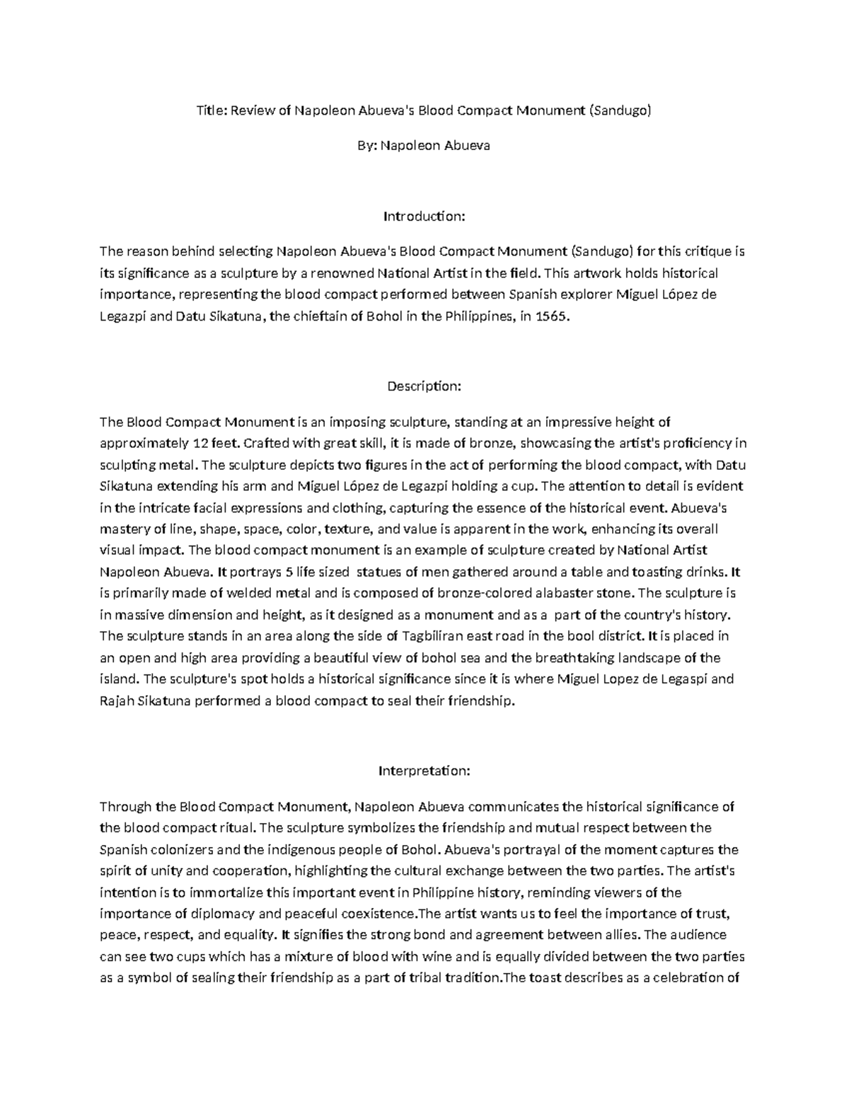 Sculpture Critique: Analysis of Abueva's Blood Compact (Sandugo) - Studocu