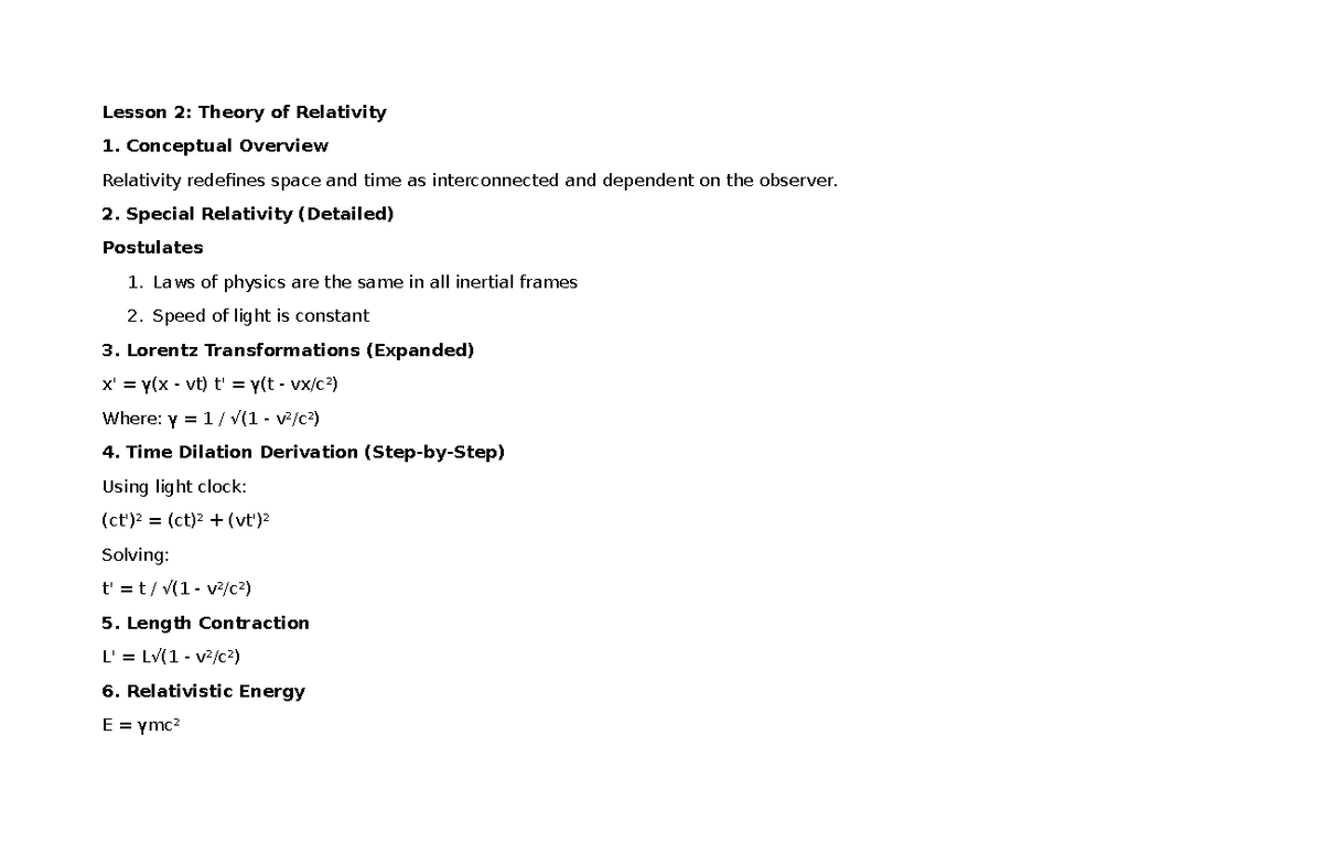 Lesson 2: Theory of Relativity Overview and Key Concepts - Studocu
