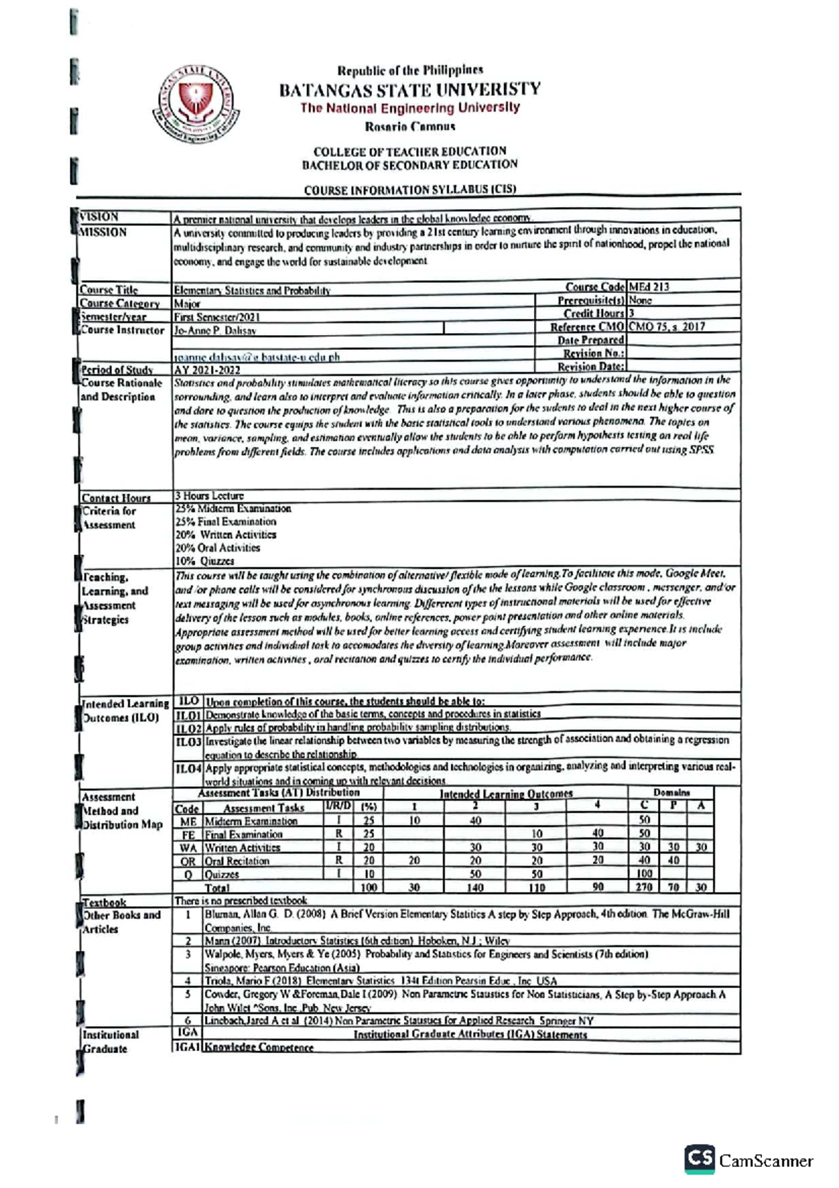 MEd 213 - Elementary Statistics and Probability Course Syllabus - Studocu