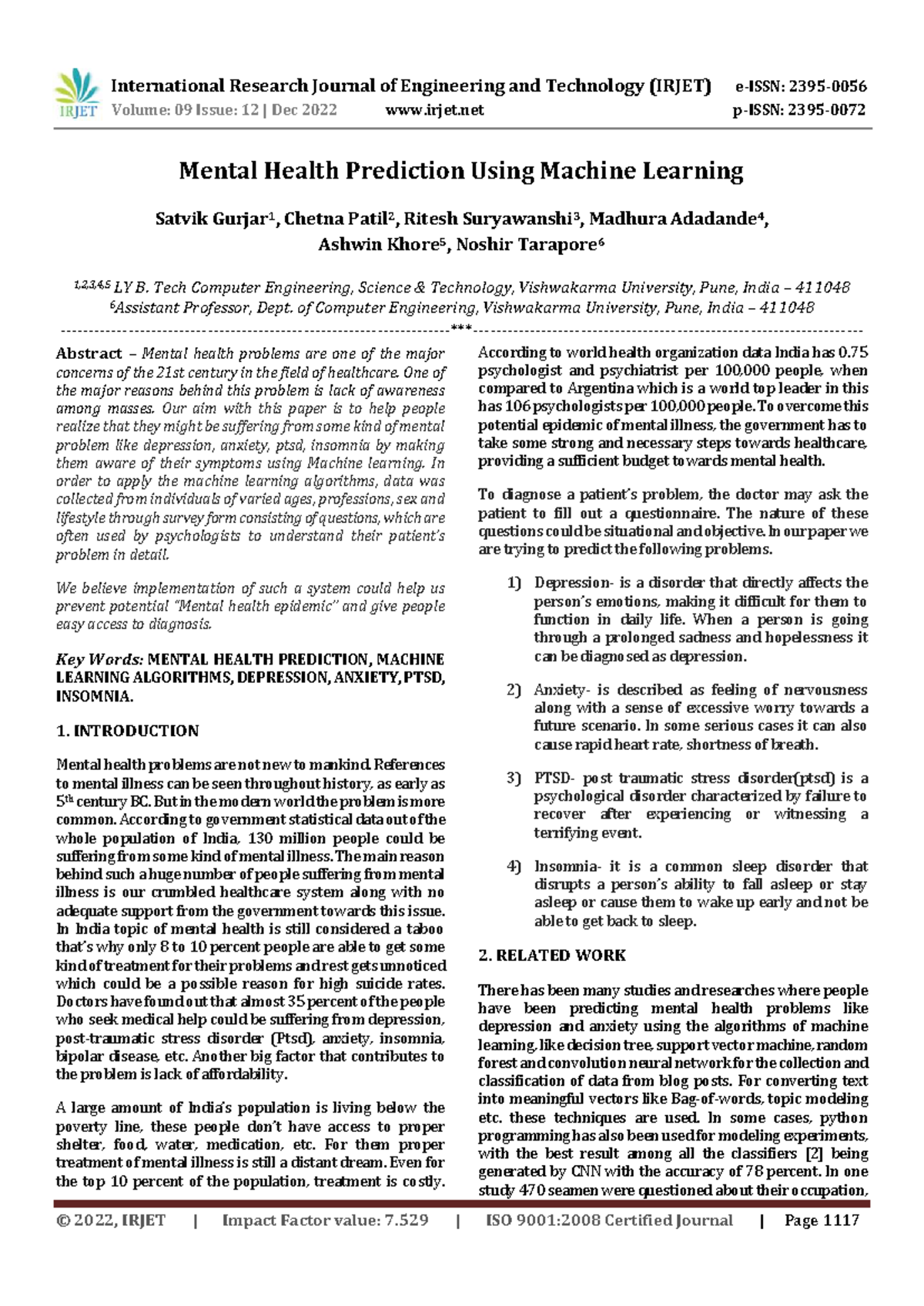 Mental Health Prediction Using Machine L - Volume: 09 Issue: 12 | Dec ...